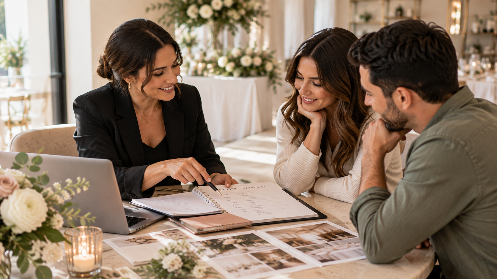 Wedding coordinator reviewing a wedding-day timeline with an engaged couple at their venue.